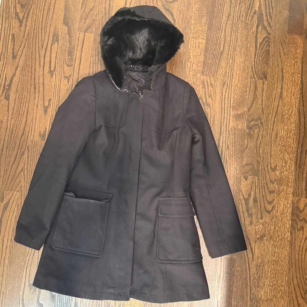 Theory Black Quilted Faux Fur Hooded Jacket Coat